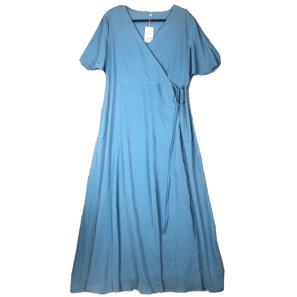 DEEP SELF Women Summer V Neck Short Sleeve Split Wrap Maxi Dress Blue X-Large